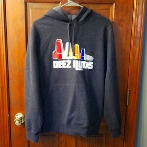 TEK GEAR FLEECE "DEEZ NUTS" HOODIE, GREY, SZ. M, EXCELLENT CONDITION